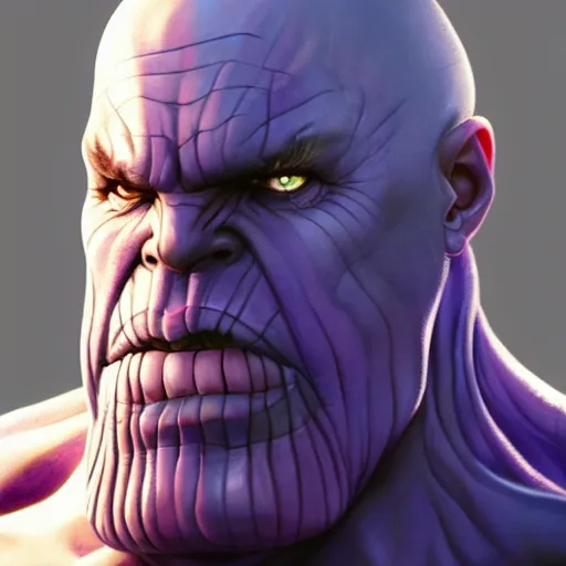 Image similar to thanos closeup portrait, dramatic light, lake background, 2 0 0 mm focal length, painted by stanley lau, painted by greg rutkowski, painted by stanley artgerm, digital art, trending on artstation
