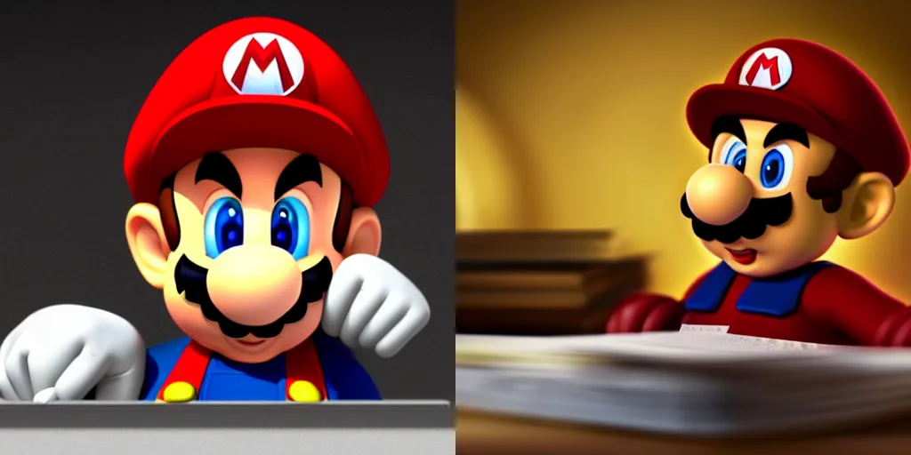 Prompt: a very sad looking Mario calculating his taxes in dramatic lighting