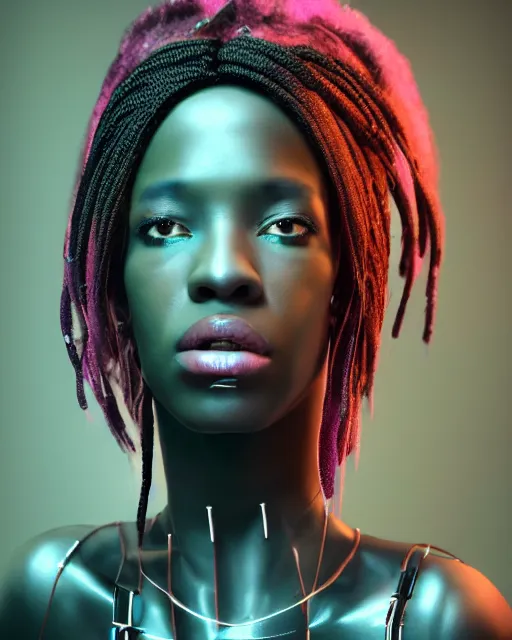 Image similar to portrait of a beautiful black woman with pink hair as a cyberpunk cyborg half robot, revealing wires and electronics, hooked - up, sci - fi, missing panels, intricate abstract upper body intricate artwork, concept art, octane render, deviantart, cinematic, key art, hyperrealism, iridescent accents, portrait photograph, nikon 3 5 mm, photograph by greg rutkowski