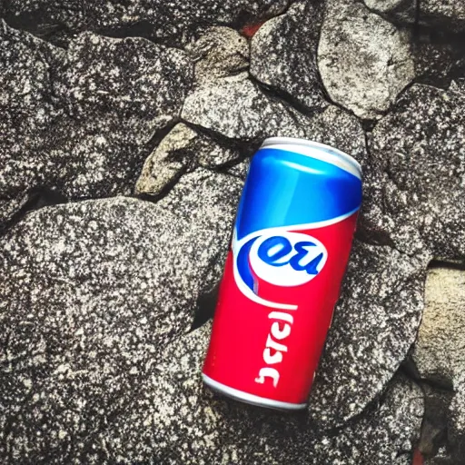 Prompt: a can of pepsi, on a rock, outdoors