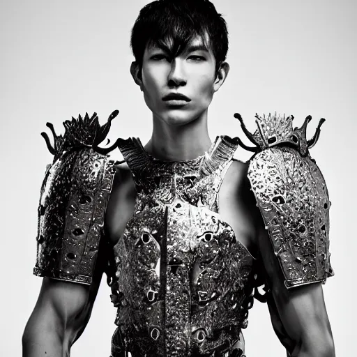 Image similar to a portrait of a beautiful young male wearing an alexander mcqueen armor made of salt , photographed by andrew thomas huang, artistic