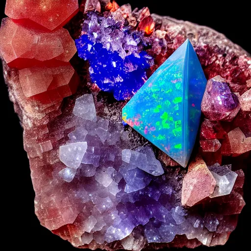 Image similar to a mineral rock, in a dark studio room. Photography of rare minerals. Tanzanite, Red Beryl, Bixbite, Red Emerald, Scarlet Emerald, Opal, Quartz, Elbaite, Calcite, Kunzite. in the style of Mike Rathke.