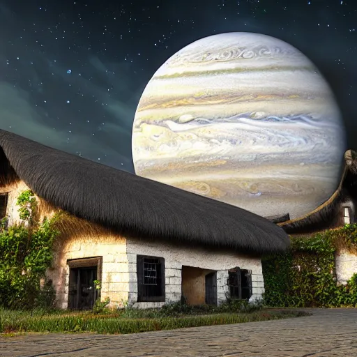 Prompt: unreal engine hyperreallistic render 8k highly detailed 4K fantasy matte painting of a thatched roof house on jupiter moon ganymede at night massive planet jupiter in background