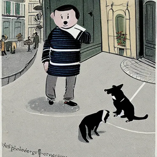 Image similar to book illustration of a french boy on the streets of paris playing football against a corgi, the dog is wearing a polka dot scarf, 1 9 6 6