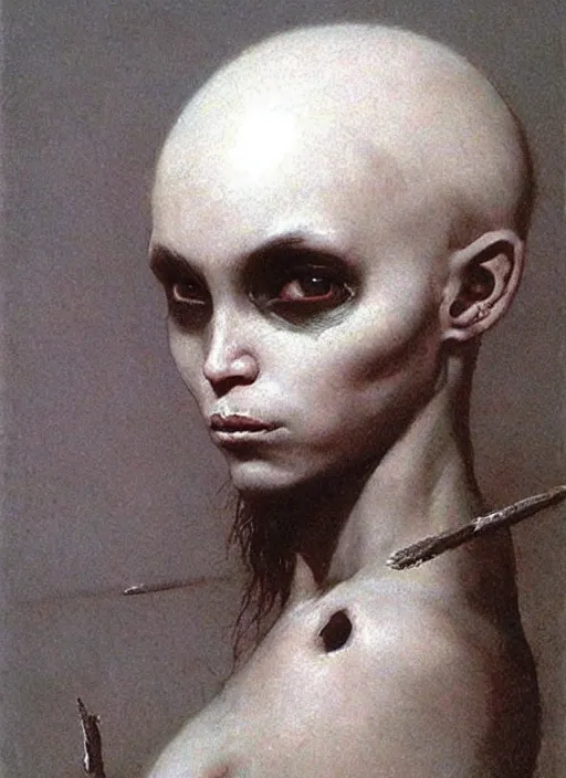 Prompt: cute bald barbarian girl by Beksinski