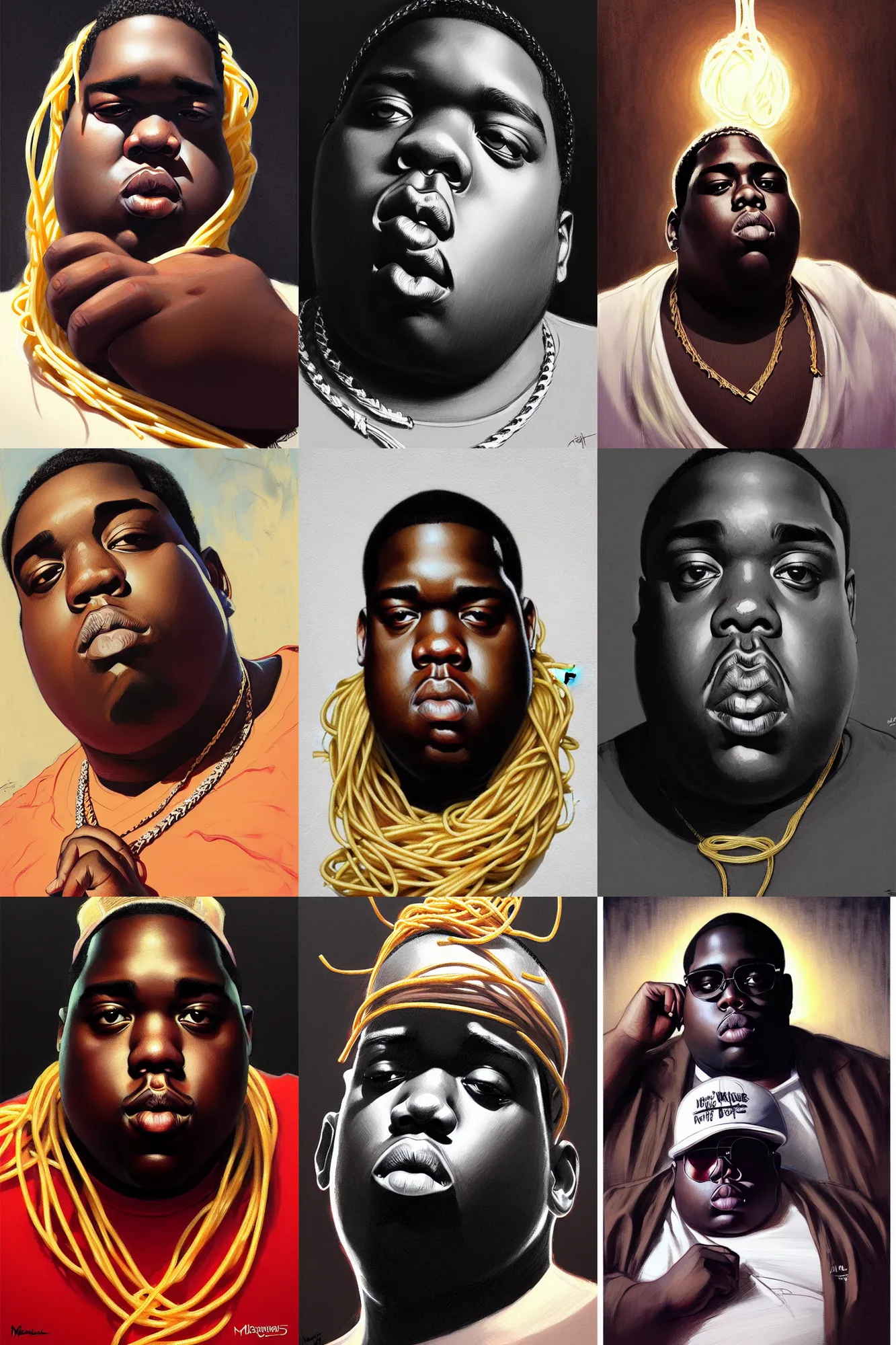 Prompt: the notorious b. i. g. as a thin string of spaghetti, shaded lighting poster by magali villeneuve, artgerm, jeremy lipkin and michael garmash, rob rey and kentaro miura style, trending on art station