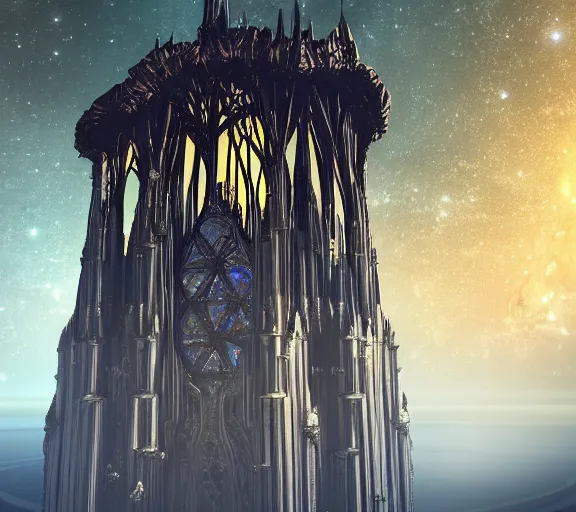 Prompt: planet with an enormous gigantic gothic tower extending out of its atmosphere, epic megastructure. beautiful, realistic, massive, space, fantasy scene, futuristic and iridescent crystals