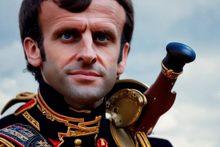 Image similar to closeup portrait of emmanuel macron dressed as napoleon dragging a cannon in the street, natural light, sharp, detailed face, magazine, press, photo, steve mccurry, david lazar, canon, nikon, focus