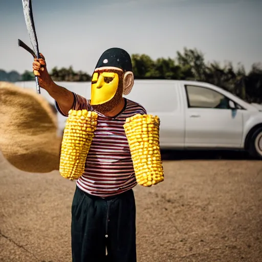 Prompt: an elderly man wearing a mask made from a tortilla, holding a sword made from elote, driving a corn cob car, bold natural colors, national geographic photography, masterpiece, 8 k, raw, unedited, symmetrical balance