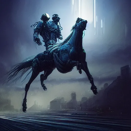 Prompt: cybertronic horse flying, cyberpunk insanely detailed, zdzislaw beksinski, mad max, moody light