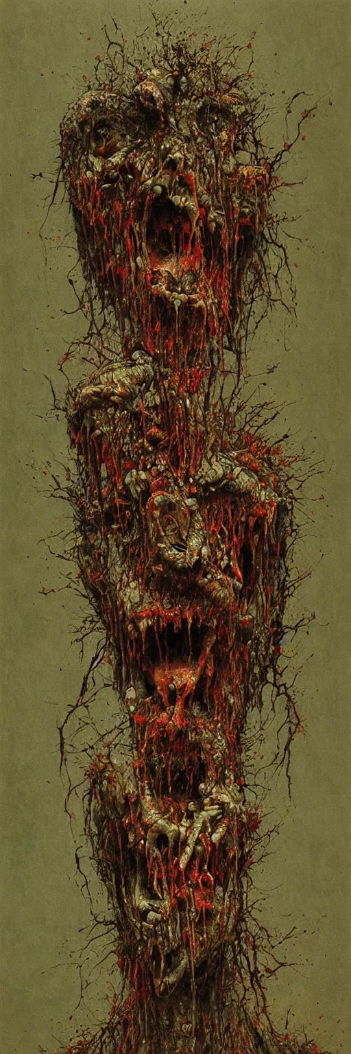 Image similar to disgusting, vile, rotten, filthy, vomit, insectoid, insect, infestation, gross, repugnant, crazy, insane, fangs, evil, style of zdislaw beksinski