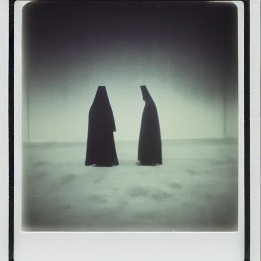 Image similar to polaroid of faceless dark cloaked Nazgûl by Tarkovsky