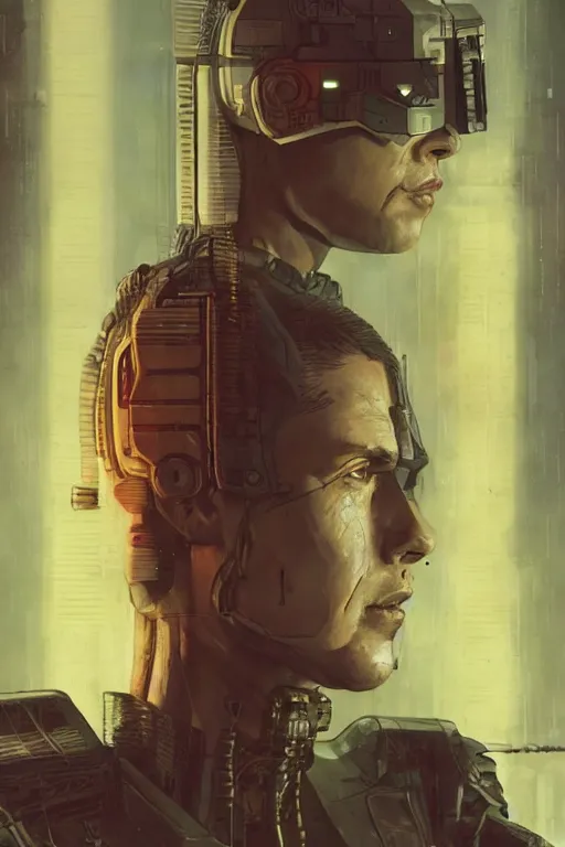 Image similar to cyberpunk military character ( blade runner 2 0 4 9, dystopian, cyberpunk 2 0 7 7 character design ). attractive face. portrait by james gurney and laurie greasley and yoji shinkawa, oil on canvas. cinematic composition, hyper realism, realistic proportions, anatomy, dramatic lighting, photorealistic, high detail, 4 k