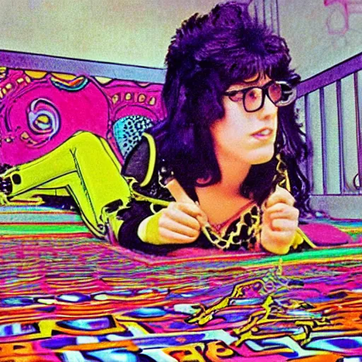 Prompt: rocker goth teen girl laying on the floor, writing on journal. 1970s colorful psychedelic bedroom. Trippy. Realistic. Egon.