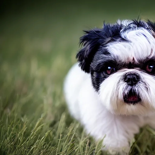 Image similar to 8k photo of black shih tzu playing in a field, lots of light