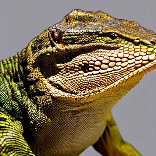 Prompt: the head of a lizard photoshopped onto a gorrilla's body, full - body shot