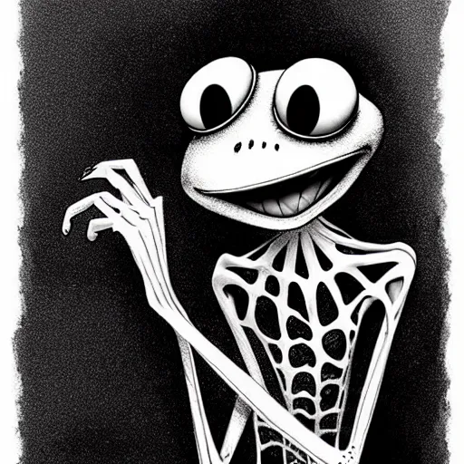 Image similar to michael karcz grunge cartoon drawing of kermit the frog. , in the style of corpse bride, loony toons style, horror themed, detailed, elegant, intricate