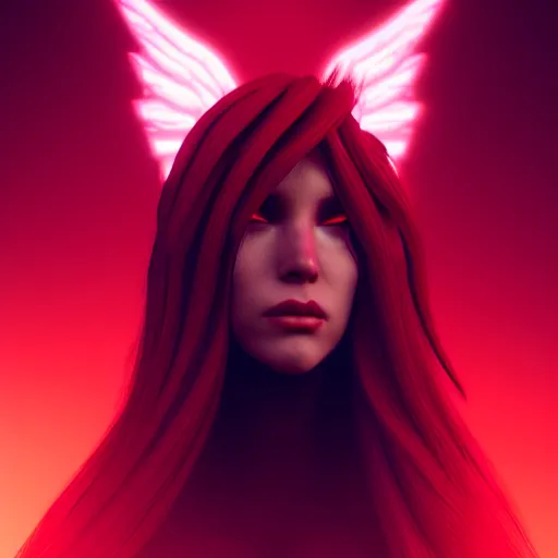 Image similar to beautiful female mage with red hair, black clothing, dark feathered wings, octane 3 d render, trending on artstation, dramatic lighting, 4 k