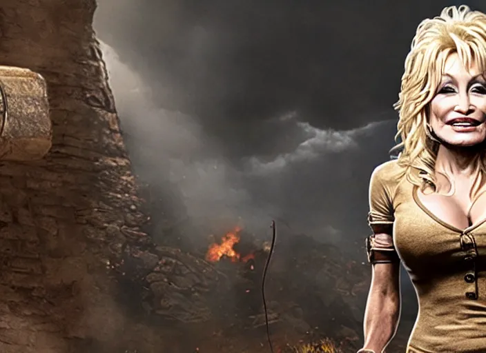 Image similar to film still of!!!! dolly parton!!! as lara croft in new tomb raider movie, 8 k