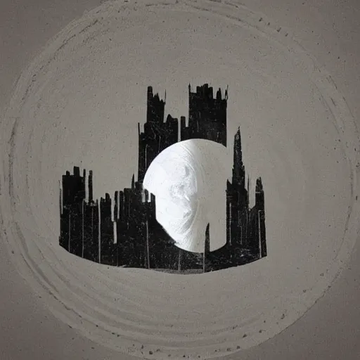 Image similar to a perfect circle, the outer edge of the circle is the silhouette of a city skyline, black and white, minimalist, in the style of a line drawing