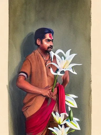 Image similar to water color painting, artwork by raja ravi varma, of a solo individual portrait of an indian guy holding lilies, dapper, simple illustration, domestic, nostalgic, full of details, matte painting, trending on artstation and unreal engine