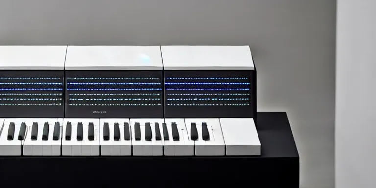 Prompt: dezeen showroom, minimalissimo, archdaily, visualpleasure, 2 0 4 6 lab, teenage engineering moad, mother of all decks, product design concept, product shot of moog melotron synthesizer designed by dieter rams, jony ives, 8 k, highly detailed photo