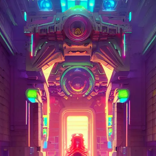 Image similar to street view of a cybernetic temple, vaporwave aesthetic, colorful, psychedelic, digital painting, artstation, concept art, smooth, sharp focus, illustration, art by artgerm and greg rutkowski and alphonse mucha