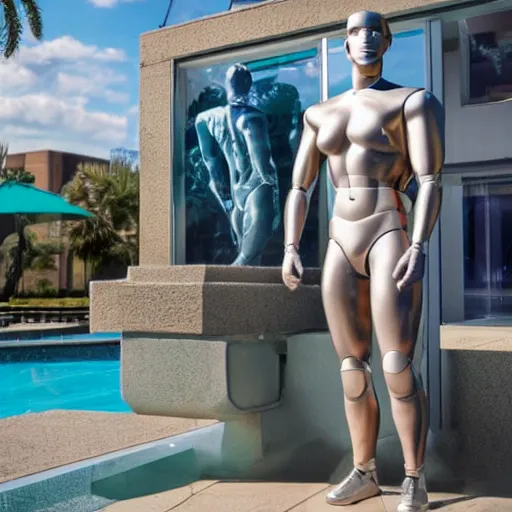 Image similar to a realistic detailed photo of a guy who is an attractive humanoid who is half robot and half humanoid, who is a male android, wrestler nick suriano, shiny skin, posing like a statue, blank stare, by the pool, on display, showing off his muscles, humanoid robot, frozen ice statue