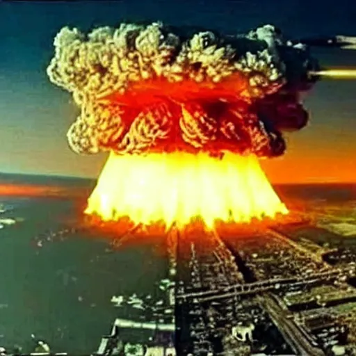 Image similar to nuclear explosion, mushroom cloud, 2 4 0 p full color grainy footage, 2 0 0 6 youtube video, shockwave destroyed buildings, helicopter footage over city, fleeing crowds of people — ar 4 : 3