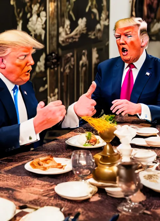 Image similar to Trump and Biden having dinner at a fancy Balinese restaurant, award winning photography, sigma 85mm Lens F/1.4, blurred background, perfect faces