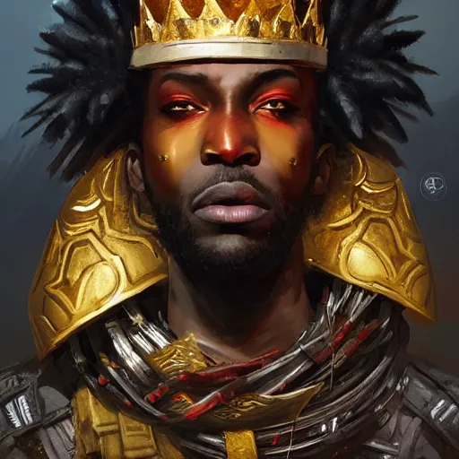 Image similar to a dark and ominous african moor with black eyes and a golden crown with a ruby, Apex Legends character digital illustration portrait design, by android jones and greg rutkowski, detailed, cinematic lighting, wide angle action dynamic portrait