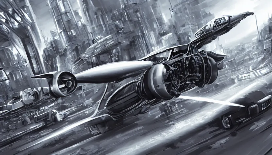 Prompt: Oldtimer Car with Jet Engines for wheels flying through a futuristic city, action shot, concept art, highly detailed