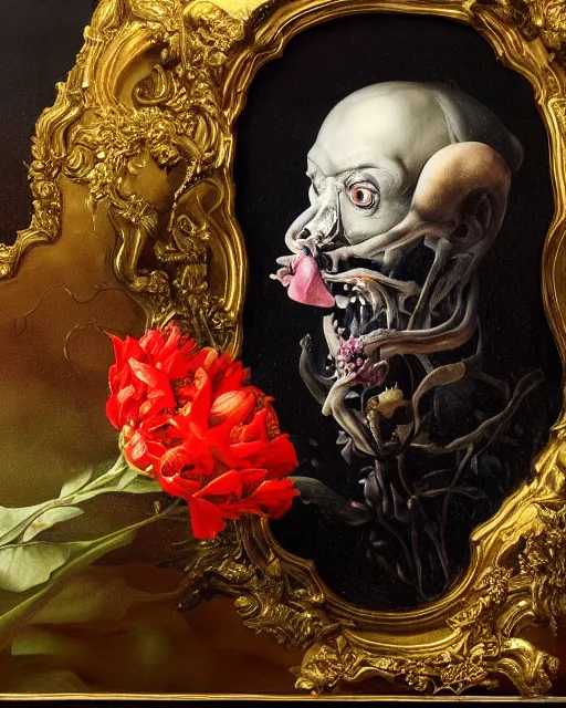 Image similar to refined gorgeous blended oil painting with black background by christian rex van minnen rachel ruysch dali todd schorr of a chiaroscuro portrait of an extremely bizarre disturbing mutated man made of still life flowers and rubber insects with shiny skin acne dutch golden age vanitas intense chiaroscuro cast shadows obscuring features dramatic lighting perfect symmetry perfect composition masterpiece