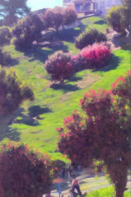 Image similar to San Francisco's green hills during the summertime, very detailed, focused, oil painting, colorful, canvas, artstation, Antoine Pierre Mongin