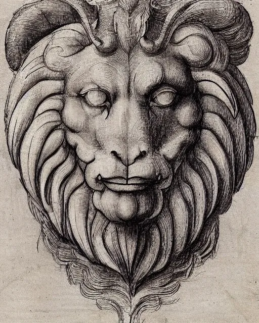 Prompt: four faces in one creature, human face, eagle beak, lion mane, two large horns on the head, drawn by da vinci. symmetrical