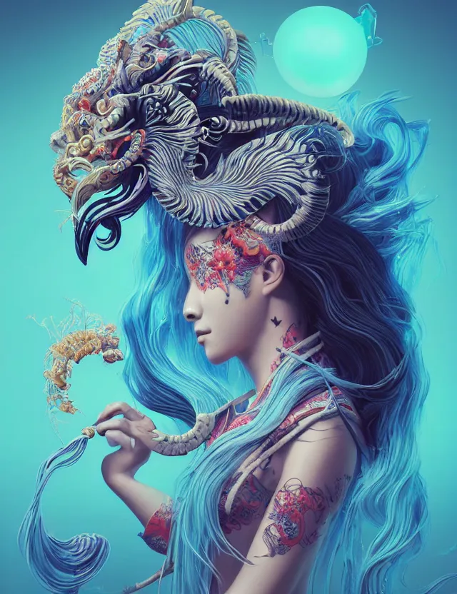 Image similar to 3 d slvic goddess half - turn portrait with long hair with ram skull. beautiful intricately detailed japanese crow kitsune mask and clasical japanese kimono. betta fish, jellyfish phoenix, bio luminescent, plasma, ice, water, wind, creature, artwork by tooth wu and wlop and beeple and greg rutkowski