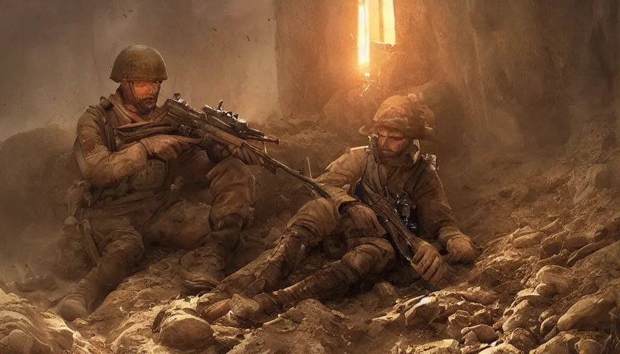 Prompt: beautiful digital painting of a lone survivor, one soldier after his squad killed in action in a trench waiting for the war to end. cinematic lighting and rendering, atmospheric, concept art, high detailed faces, artstation, underpainting by artgerm and greg rutkowski, overpainted by eddie mendoza