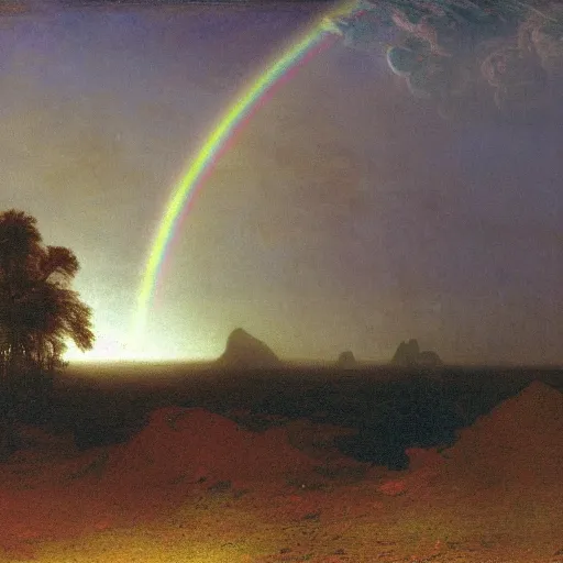 Image similar to rainbow on the moon, landscape, albert bierstadt