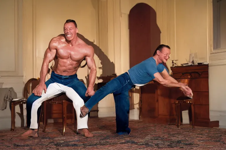 Image similar to hyperrealistic Jean Claude Vandamme doing the splits, spread eagle between two chairs over a toilet, golden hour, smiling, award winning