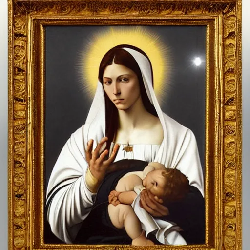 Prompt: a Pre-Raphaelite painting by Caravaggio of Kim Kardashian as the Virgin Mary, Catholic icon, halo, ornate, gilded