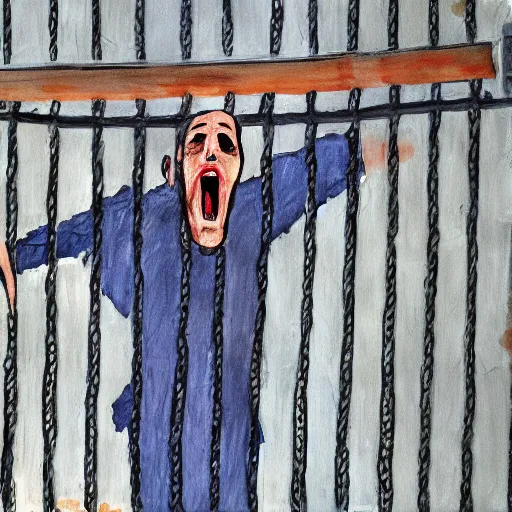 Image similar to a screaming prisoner holding prison bars, realism old painting