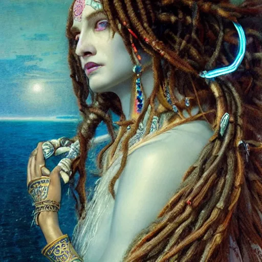 Image similar to intricate detail, hyper detail, lady of elche techno mystic goddess princess intergalactica, goddess kali maa, with aqua neon rapunzel dreadlocks, mami wata, detailed, by gaston bussiere, bayard wu, greg rutkowski, h. r. giger, greg rutkowski, sandro botticelli, masterpiece, sharp focus,