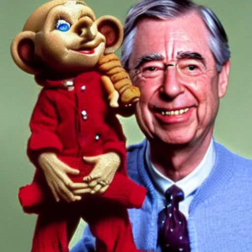 Image similar to photorealistic Mr. Rogers holding Chucky