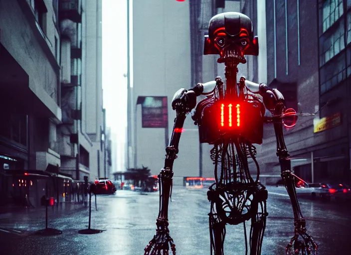 Image similar to 3 5 mm portrait photo of general grievous with heavy duty biomechanical cybernetic body with 4 arms holding 4 activated red lightsabers in the city in the rain. cyberpunk horror style.