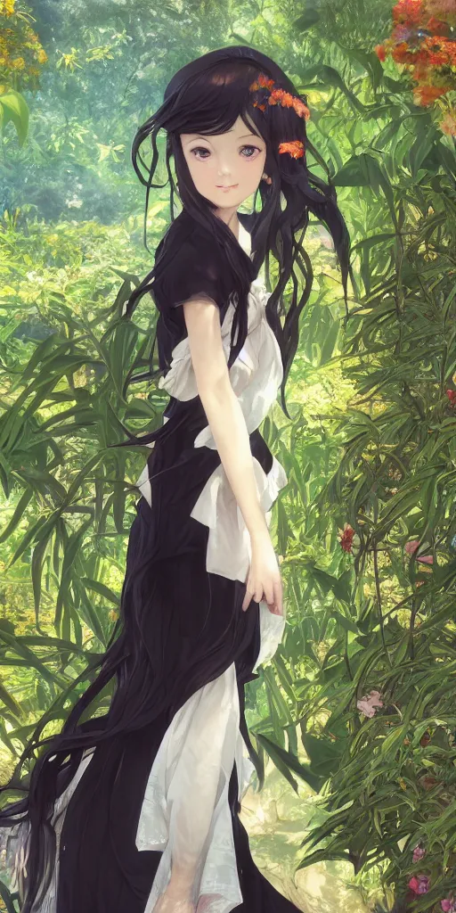 Prompt: a digital art of a loli with long hair in black dress in the privet garden at after noon, green and warm theme, back lighting, by krenz cushart and mucha and akihito yoshida and greg rutkowski and makoto shinkai, extremely long shot, detailed eyes, 4 k resolution, trending on art station