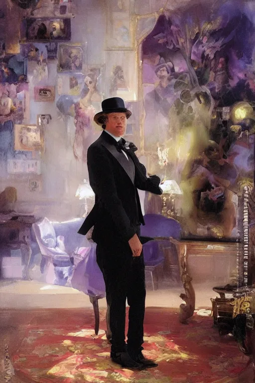 Image similar to portrait of a respectable dignified royal business elite politician wearing a lisa frank top hat and tuxedo, art by anders zorn, wonderful masterpiece by greg rutkowski, beautiful cinematic light, american romanticism by greg manchess, jessica rossier