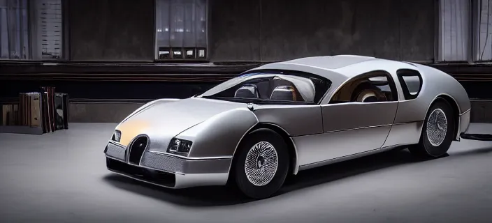 Image similar to a single bugatti type 5 7 sc atlantic and delorean hybrid, dslr, volumetric lighting