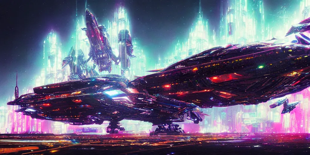 Prompt: enormous spaceship covered in lights, multicolored metallic, detailed, intricate, byzantine, art by maciej kuciara