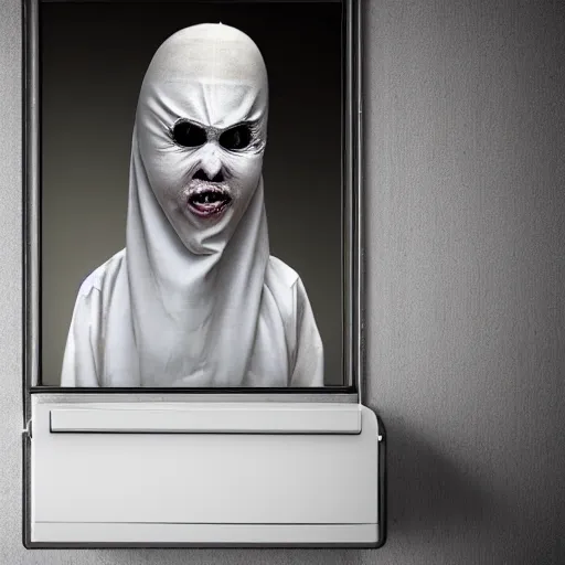 Prompt: detailed photorealistic a pocong in bathroom. in the style of horror photograph