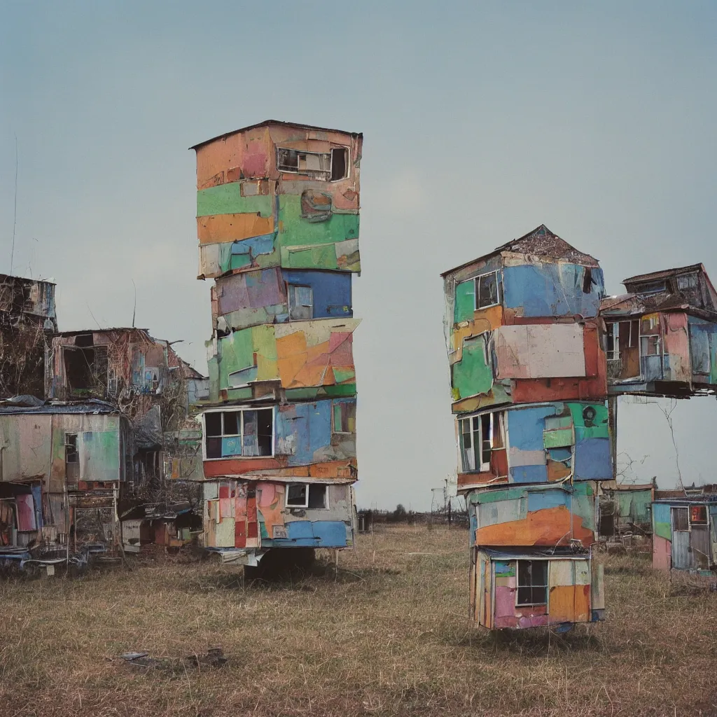 Image similar to two suspended towers made up of colourful makeshift squatter shacks with faded colours, plain uniform sky at the back, soft focus, mamiya rb 6 7, f 1. 8, photographed by uta barth